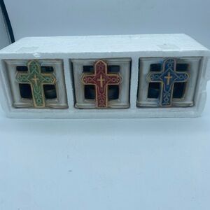 Set Of 3 Cross spiritual Votive tea Light Candle Holders ceramic 3” Square